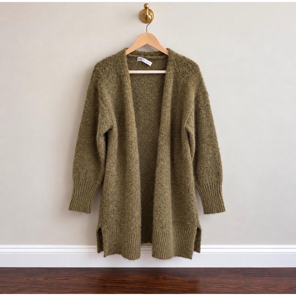 Zara Women Olive Green Fuzzy Knit Longline Open Front Cardigan Sweater XS S